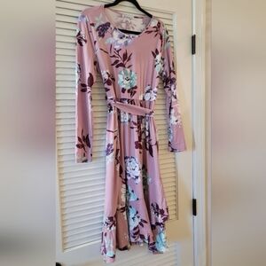 Levaca - (NWT) Floral Crew-Neck Midi-Length Long-Sleeve Dress With Belt